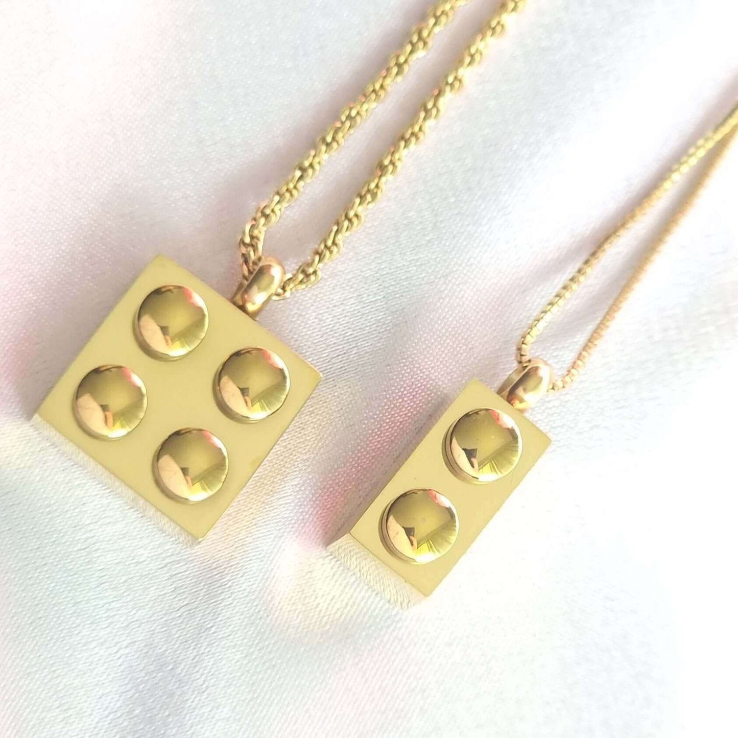 Waterproof and sweatproof square and rectangle brick necklace, crafted from durable 18K gold PVD plated stainless steel