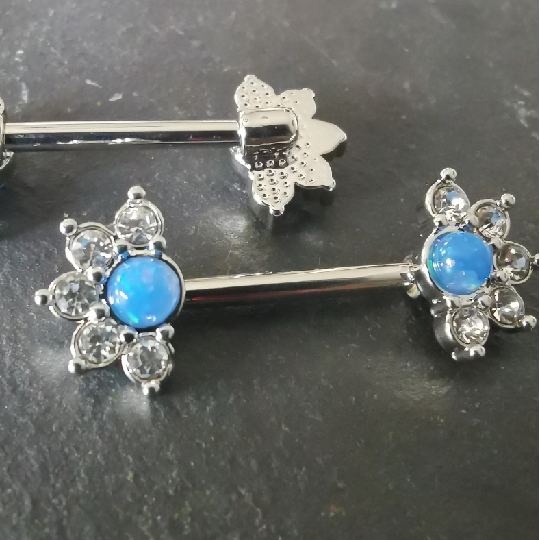 Mandala Flower Blue Stone Nipple Bar Piercing with CZ - 14G Silver Surgical Steel 316L