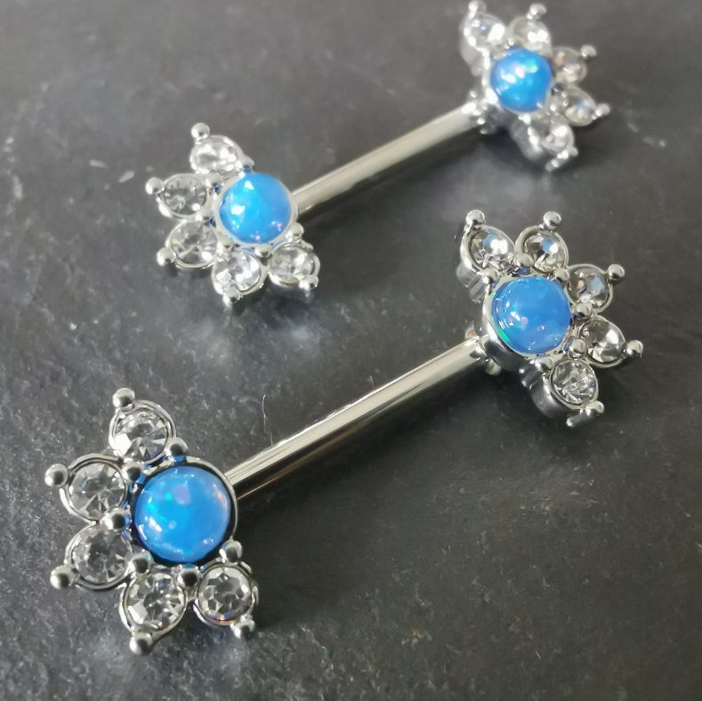 Mandala Flower Blue Stone Nipple Bar Piercing with CZ - 14G Silver Surgical Steel 316L