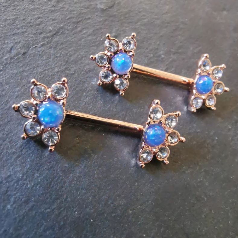 Mandala Flower Blue Stone Nipple Bars Piercing - 14G Gold Surgical Steel 316L