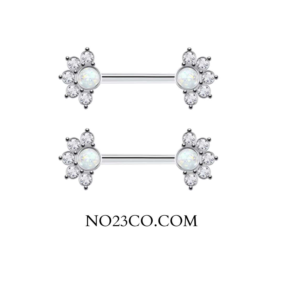 Mandala Flower Opal Stone Nipple Bars Piercing – 14G silver surgical steel jewelry with hypoallergenic design and elegant opal accents.