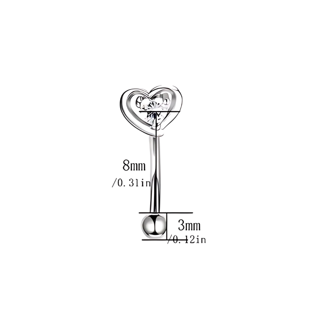 Measurements of 16G stainless steel silver barbell featuring a heart charm for eyebrow or rook piercing