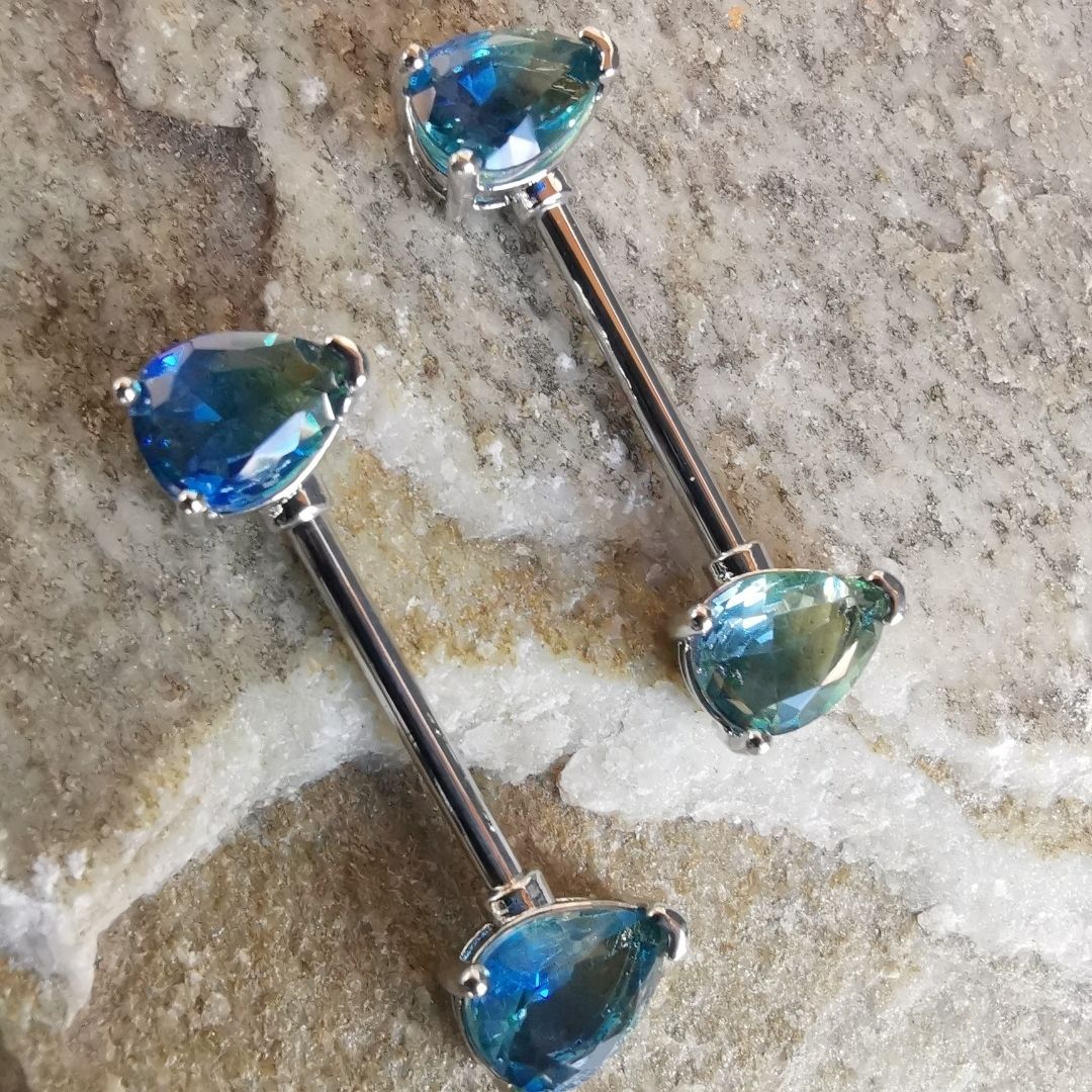 Nipple Bars Piercing Teardrops Blue Ombre Silver 14G Surgical Steel 316L