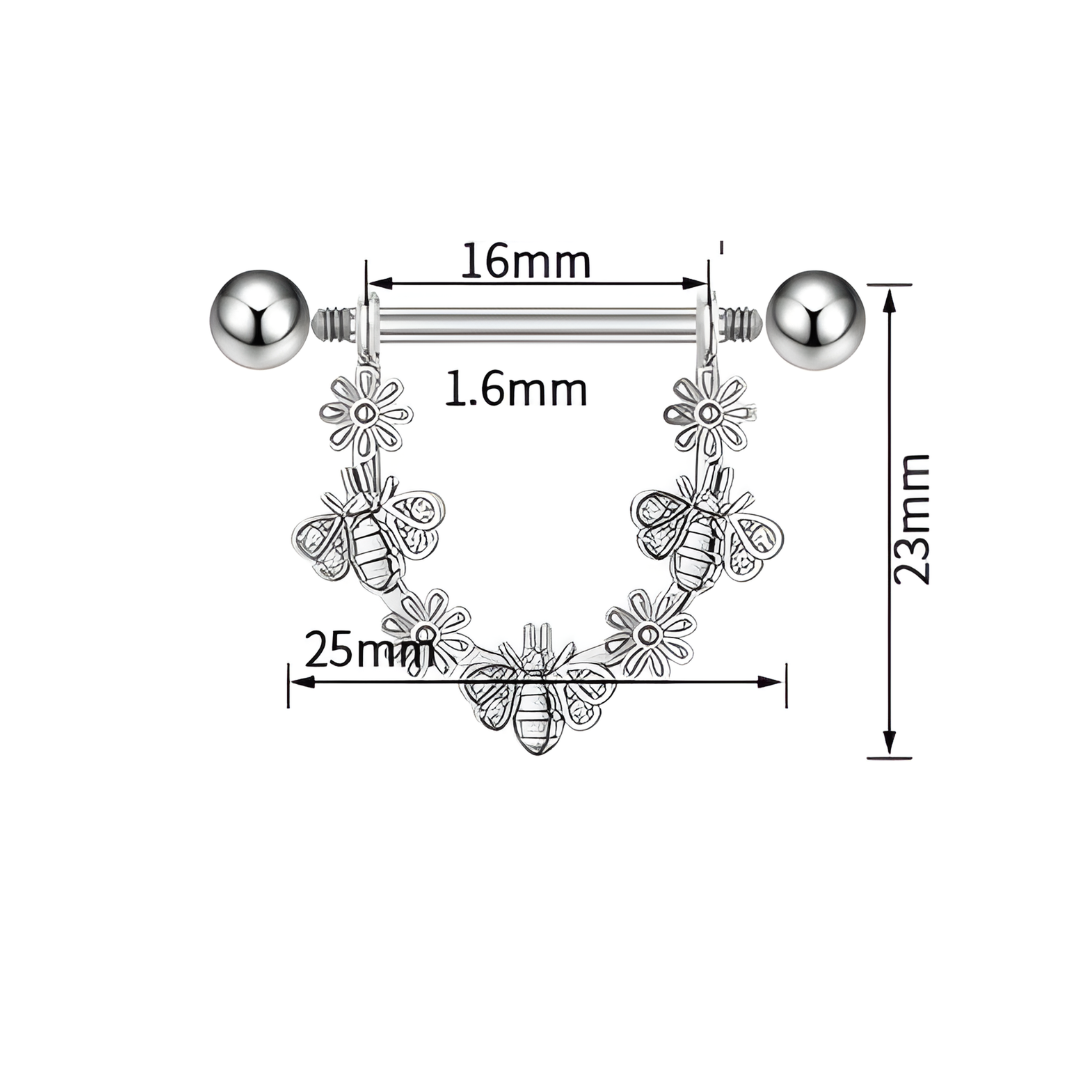 Nipple piercing ring with floral and bee design, shown with measurements on a white background.