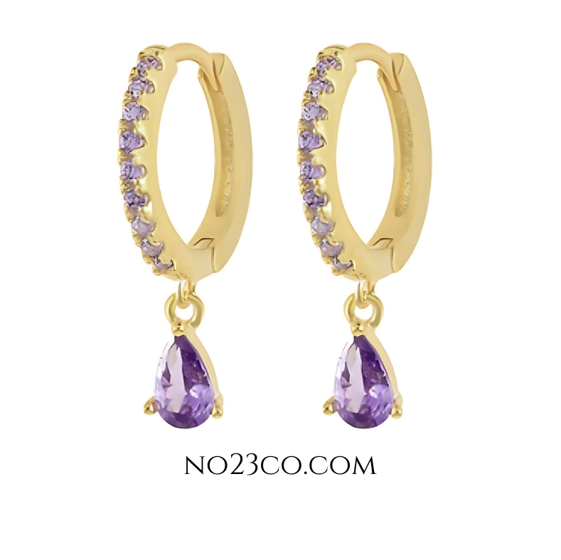 Purple Zirconia Droplet Earrings Piercing Pair crafted by Hypoallergenic 18K Gold Plated 925 Sterling Silver - No23Co
