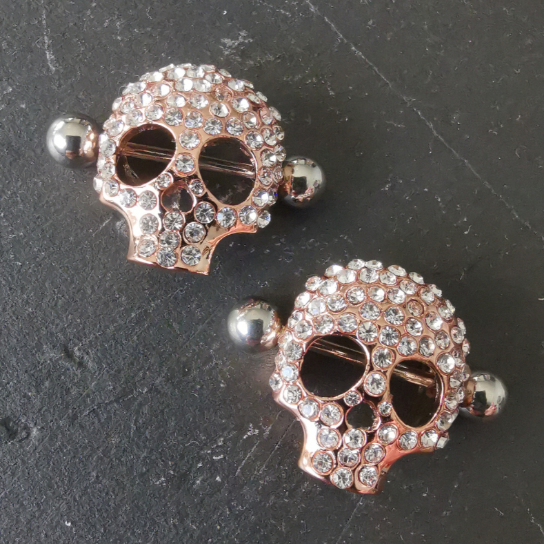 Rose Gold Skull Nipple Barbell Piercing Shields with White Zirconia Jewelry - 14G Surgical Steel 316L