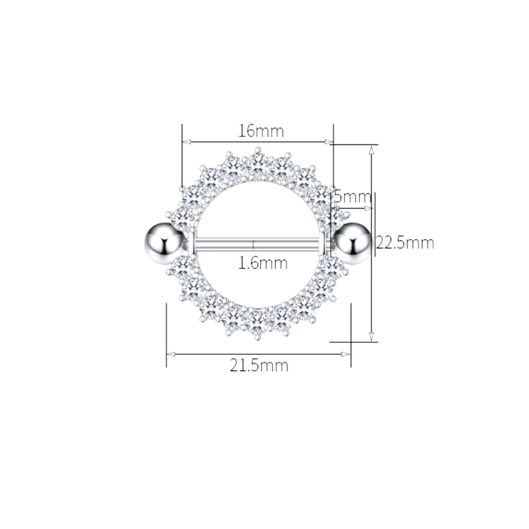 Round nipple shield with clear sparkling cubic zirconia accents, made from 14G surgical steel 316L dimensions