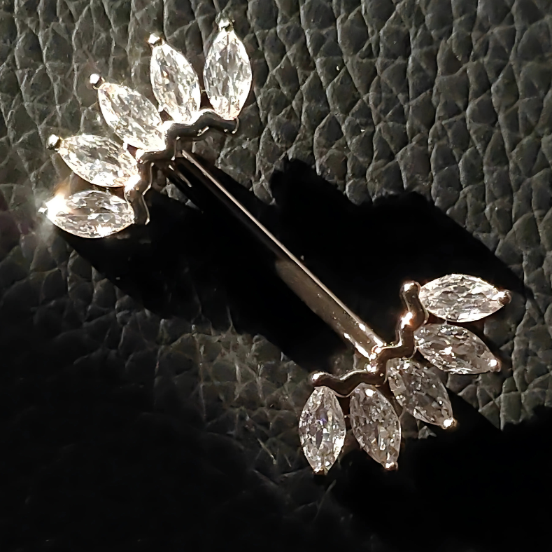 Shiny silver nipple bars with clear cubic zirconia in a crown shape – durable 316L steel