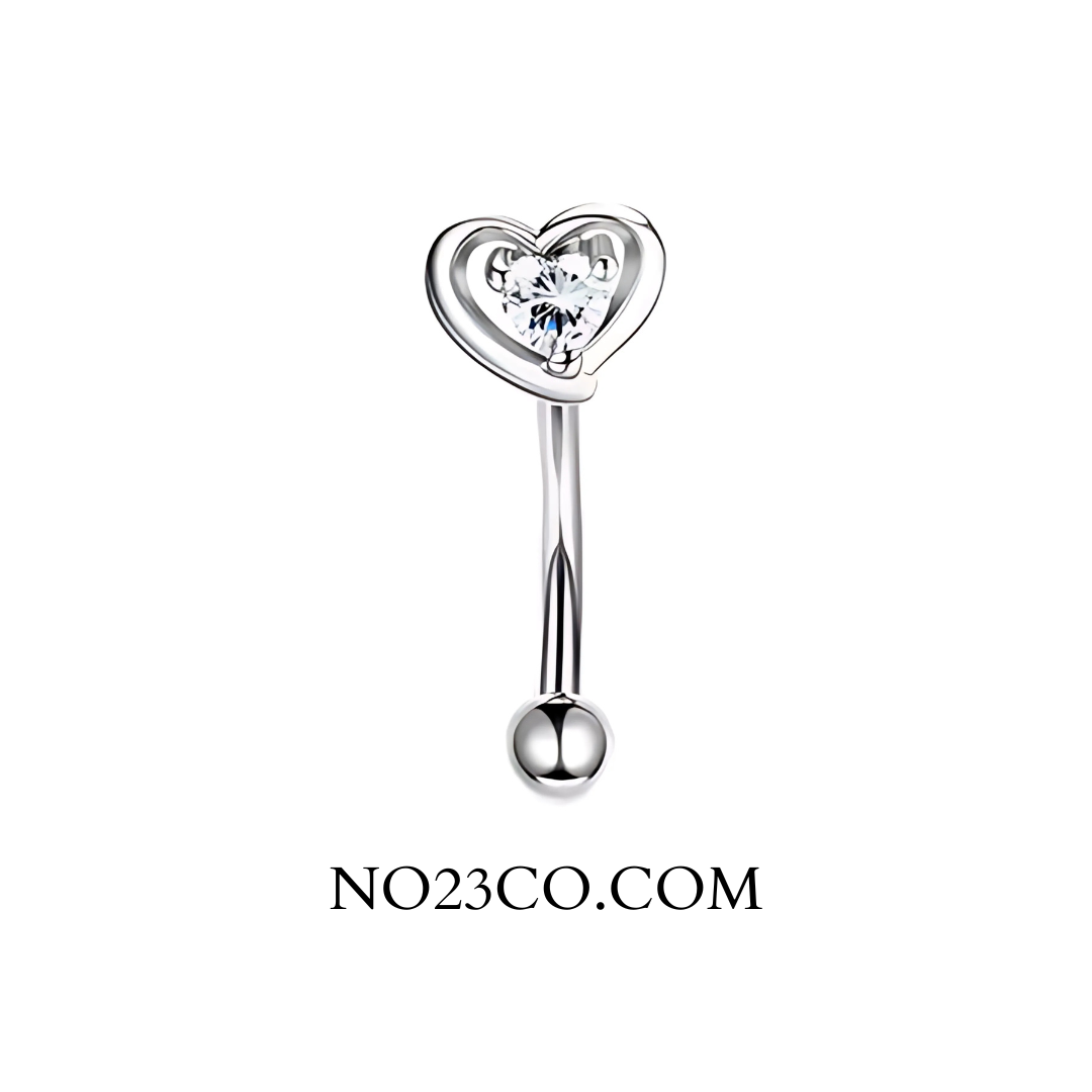 Silver 16G stainless steel barbell with heart charm for eyebrow or rook piercing