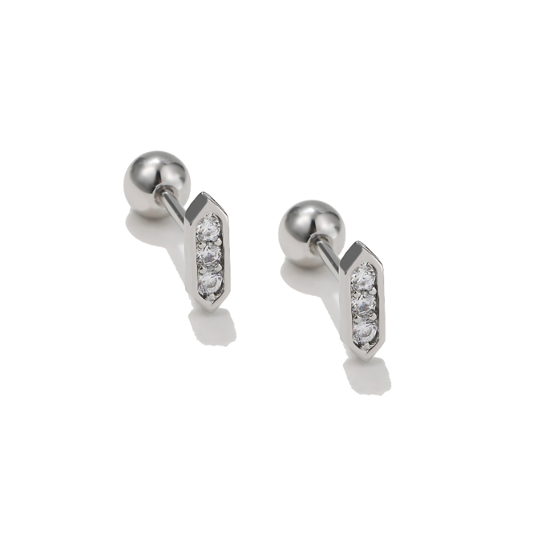 Silver Bar Ear Piercing with White 5A Zirconia Studs – Stainless Steel Jewelry