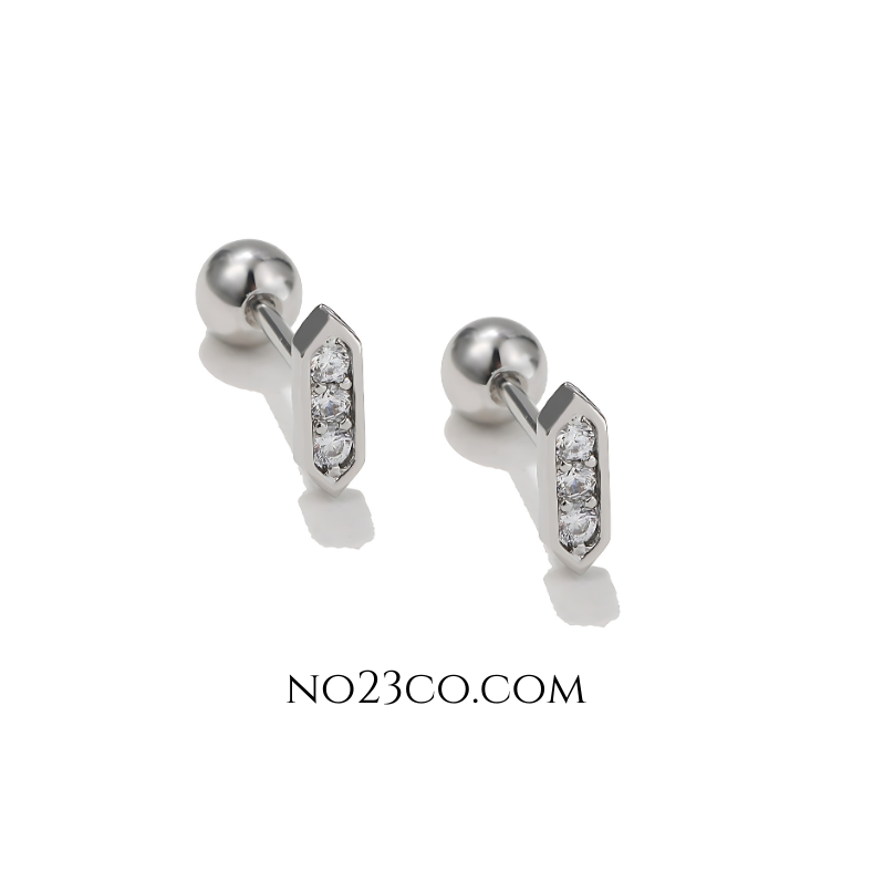 Silver Bar Earrings Piercing with White 5A Zirconia Studs – Stainless Steel Jewelry - No23Co