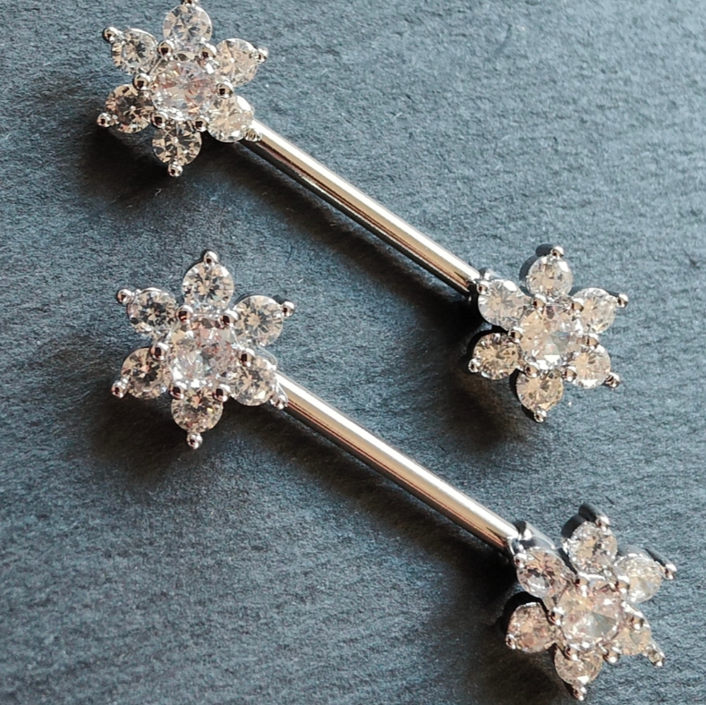Silver Flower Nipple Bar Piercing with Cubic Zirconia Jewelry - 14G Silver Surgical Steel 316L