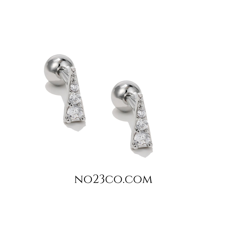 Silver Stainless Steel Geometric Triangle Ear Piercing with White 5A Zirconia Stud Pair