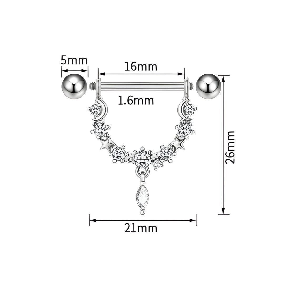 Silver nipple bar with floral design and measurements on a white background