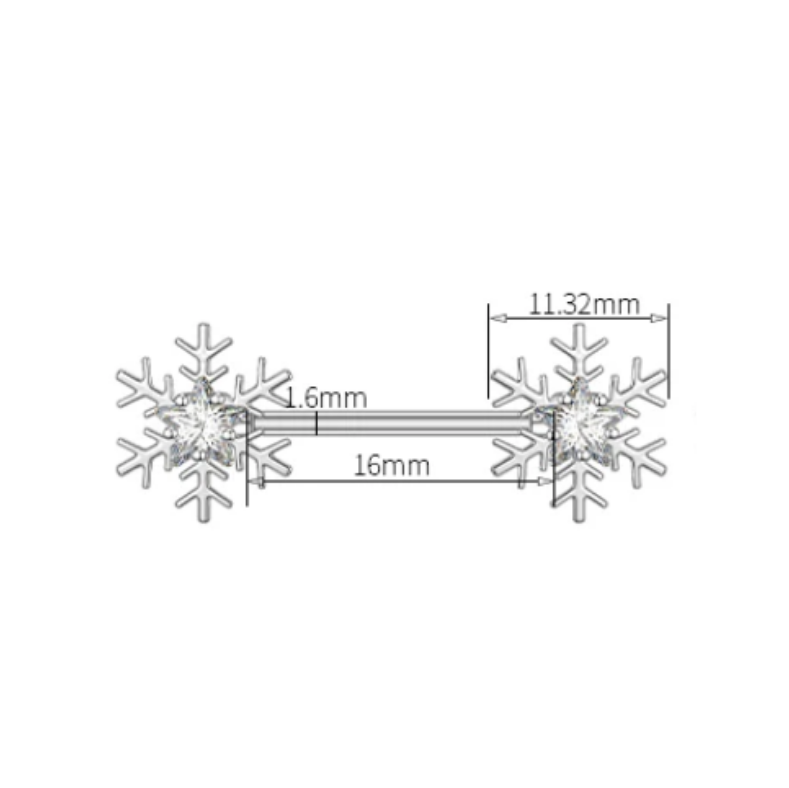 Snowflake Nipple Piercing 14G Surgical Steel 316L Silver Dimensions