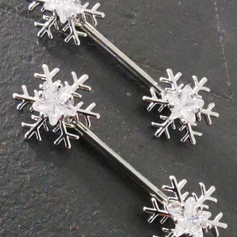 Snowflake Silver Nipple Bars Piercing with Cubic Zirconia Jewelry 14G Surgical Steel 316L