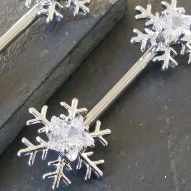 Snowflake Silver Nipple Bars Piercing with Cubic Zirconia Jewelry crafted by14G Surgical Steel 316L