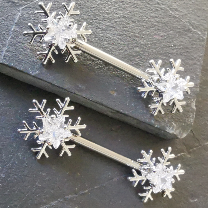 Snowflake Silver Nipple Bars Piercing with Cubic Zirconia Jewelry 14G Surgical Steel 316L find it in No23Co.com