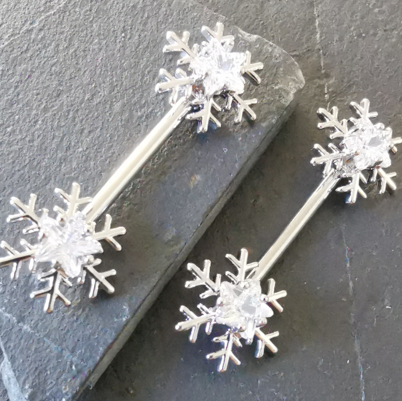 Snowflake Silver Nipple Bars Piercing with Cubic Zirconia Jewelry 14G Surgical Steel 316L