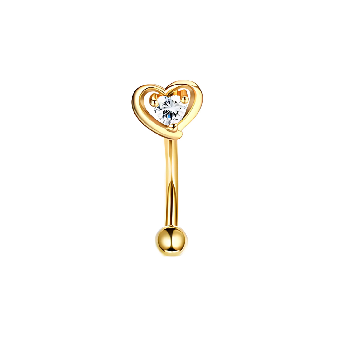 Stainless steel gold 16G barbell adorned with a heart charm for eyebrow or rook piercing