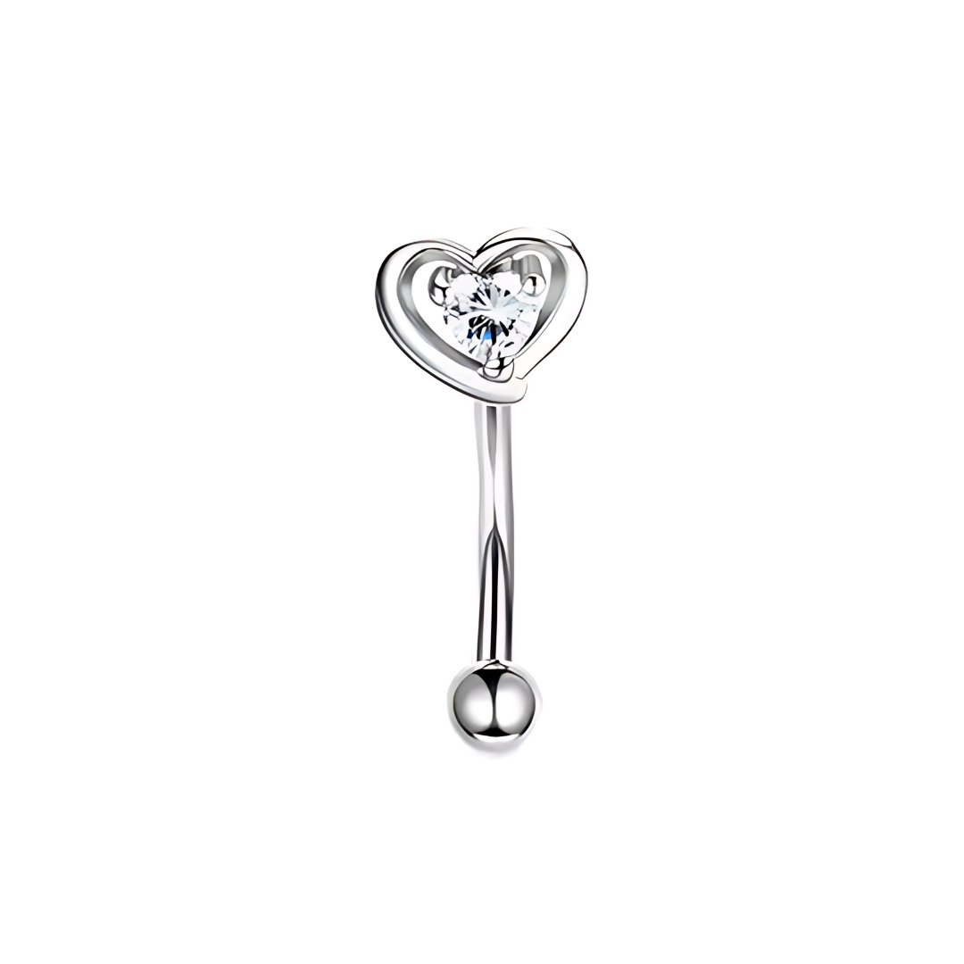 Stainless steel silver 16G barbell adorned with a heart charm for eyebrow or rook piercing