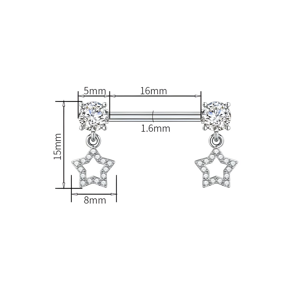 Star-shaped earrings with measurements on a white background