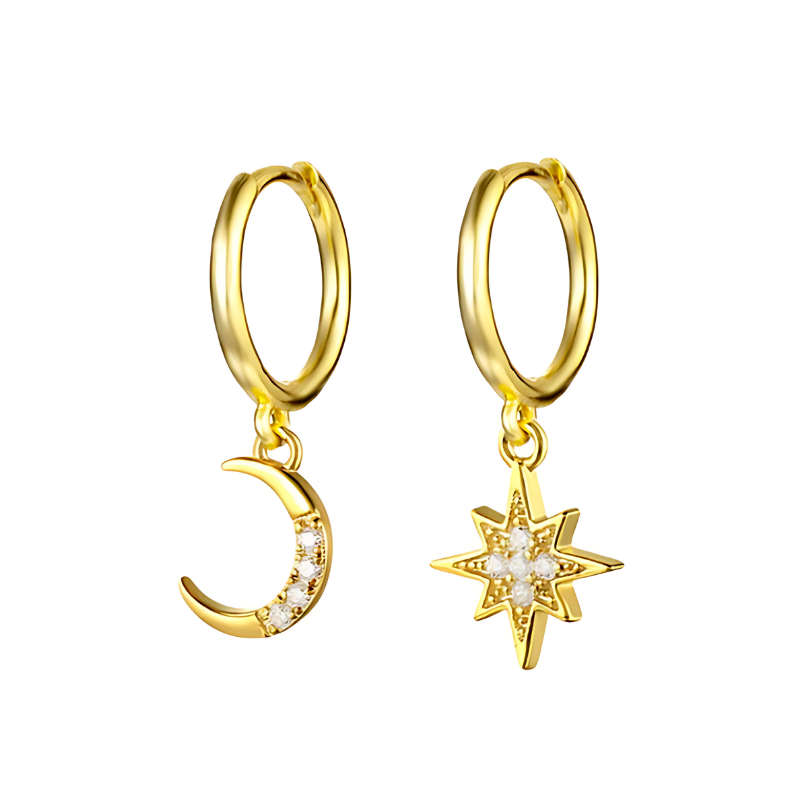 Star and Moon Droplets Earrings 18K Gold Plated Earrings 925 Sterling Silver
