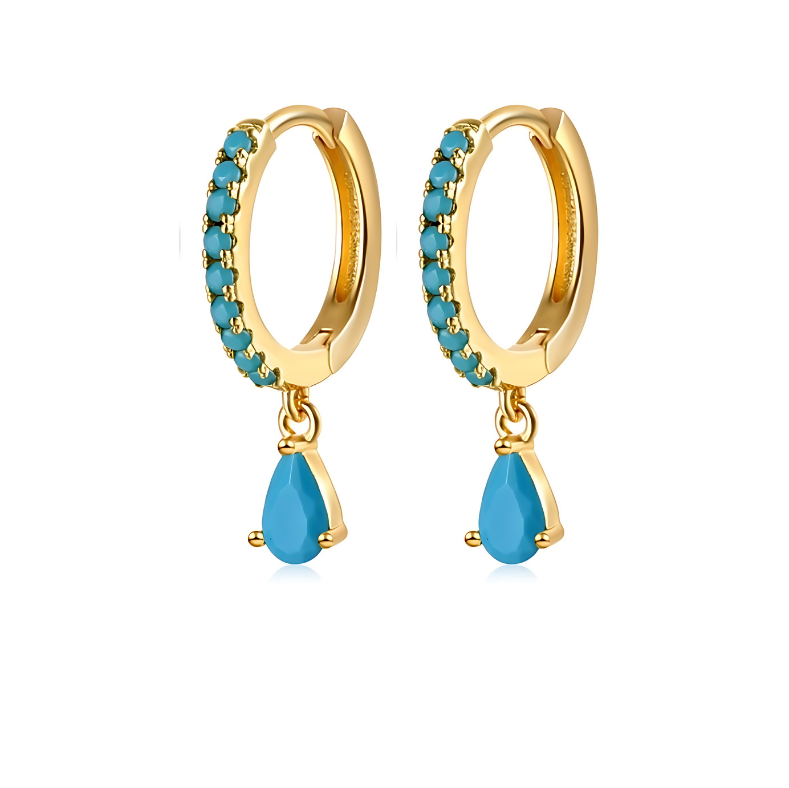 Turquoise Zirconia Droplet Ear Piercing Pair - 18K Gold Plated 925 Sterling Silver