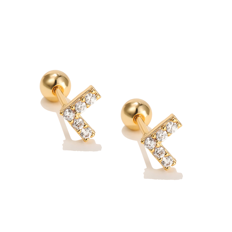 V Shape Gold Stainless Steel Ear Piercing White 5A Zirconia Stud Pair