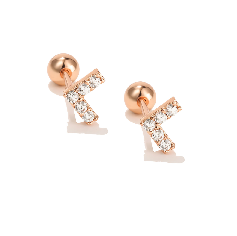 V Shape Rose Gold Stainless Steel Ear Piercing White 5A Zirconia Stud Pair