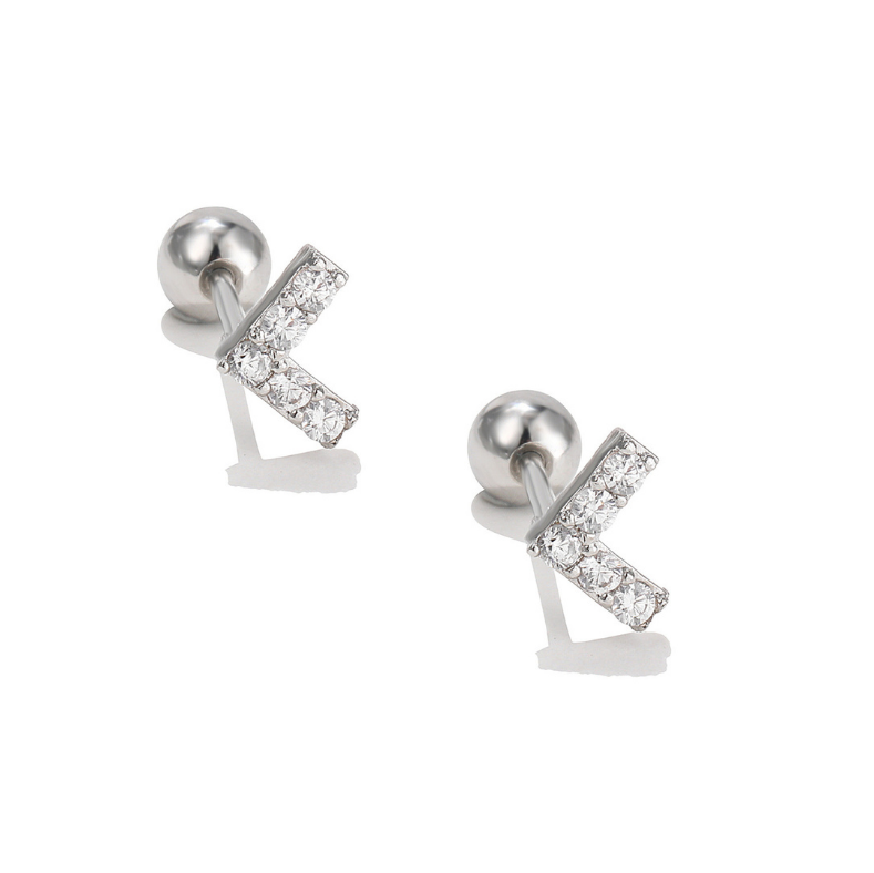 V Shape Silver Stainless Steel Ear Piercing White 5A Zirconia Stud Pair