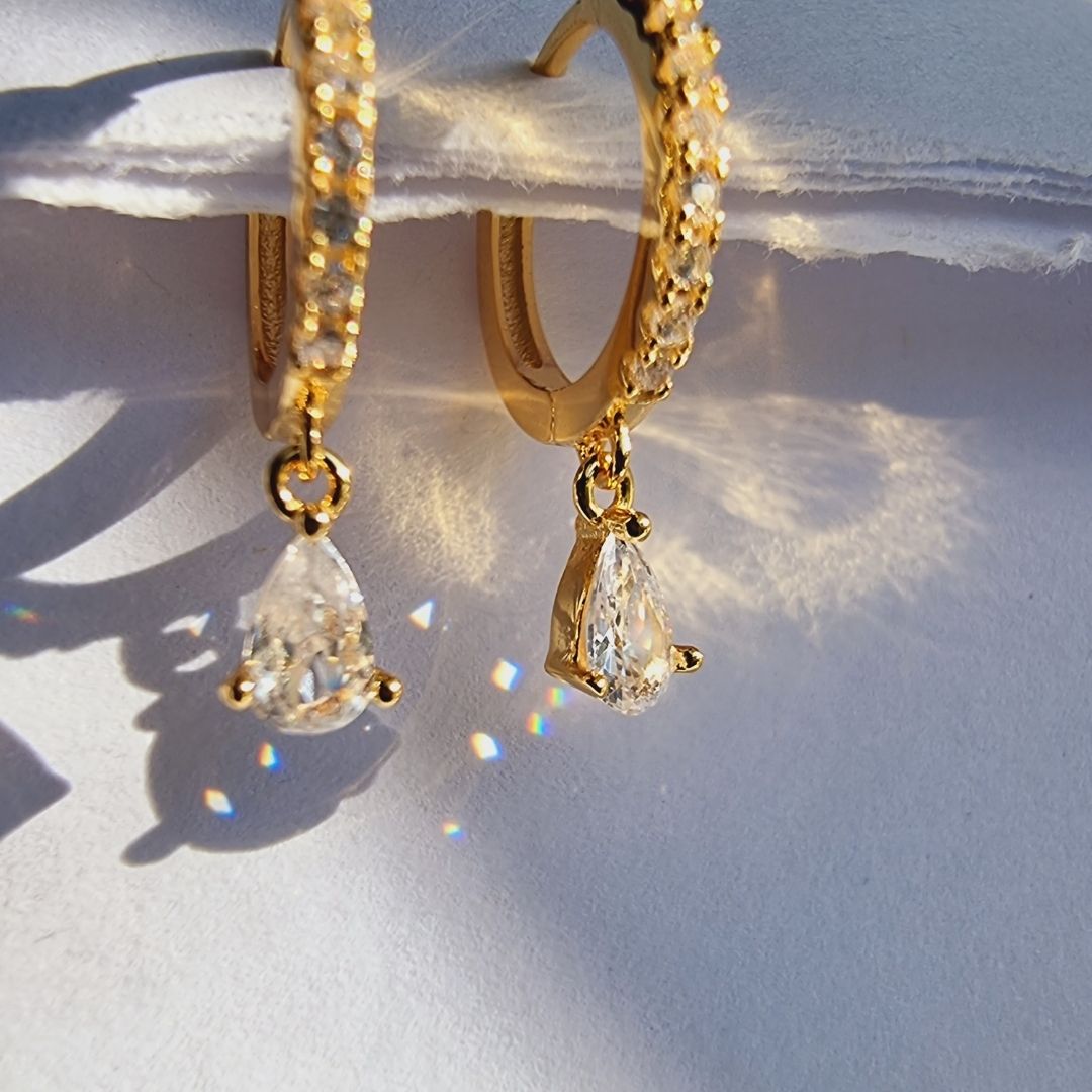Elegant white zirconia droplet ear piercing pair crafted in 18K gold plated 925 sterling silver.