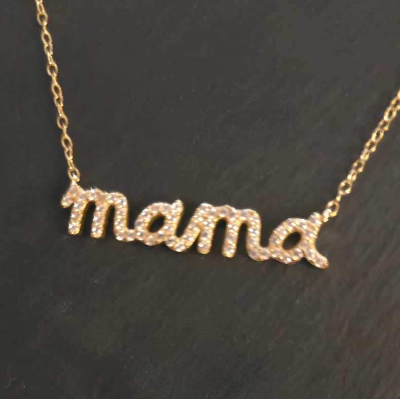 18K Gold Plated mama Pendant Necklace – A delicate and stylish 925 sterling silver necklace with a shimmering "mama" pendant, adorned with white 5A zirconia. Hypoallergenic and tarnish-free, perfect for moms.