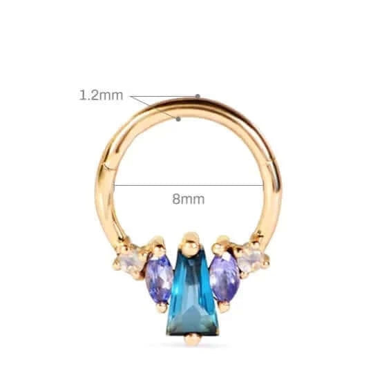 Contemporary piercing jewelry featuring a septum daith ring in a captivating blend of blue and purple.