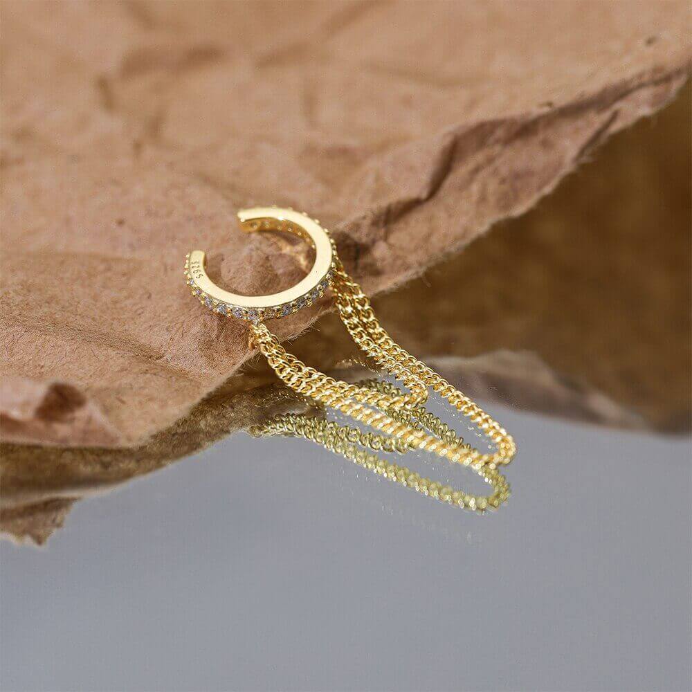 18K Gold Plated Sterling Silver Chain Ear Cuff – No Piercing, White CZ Accent