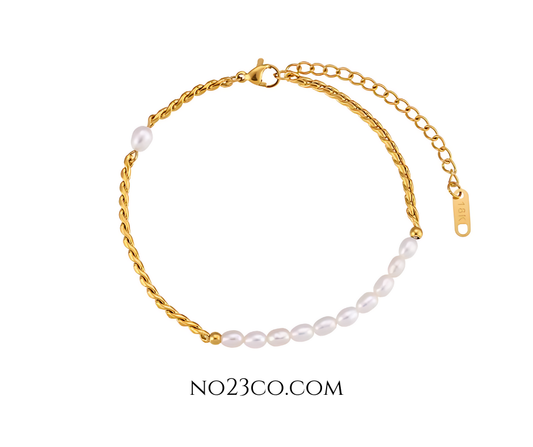 18K Gold PVD Non Tarnish Anklet with Fresh Water Pearls - No23Co