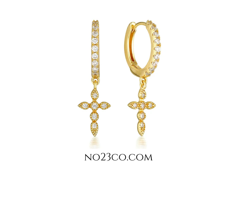 Elegant 925 Sterling Gold Cross Earrings Piercing with Sparkling CZ Droplets - No23Co
