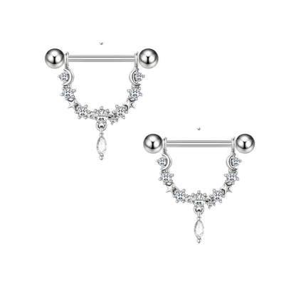 Dangle Nipple Piercing Bar Shields with Sparkling Zirconia – 14G Surgical Steel 316L