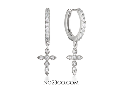 Elegant 925 Sterling Silver Cross Earrings Piercing with Sparkling CZ Droplets - No23Co