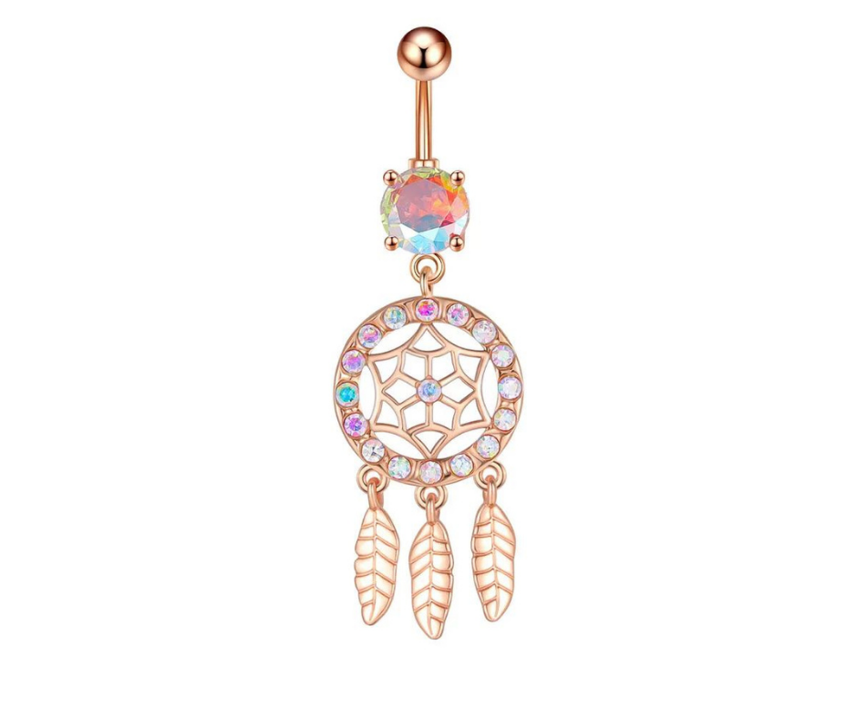 14G Gold Rose Dreamcatcher Navel Dangle Ring Belly Button Piercing , Surgical Steel 316L - No23Co