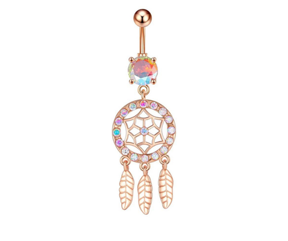 14G Gold Rose Dreamcatcher Navel Dangle Ring Belly Button Piercing , Surgical Steel 316L - No23Co