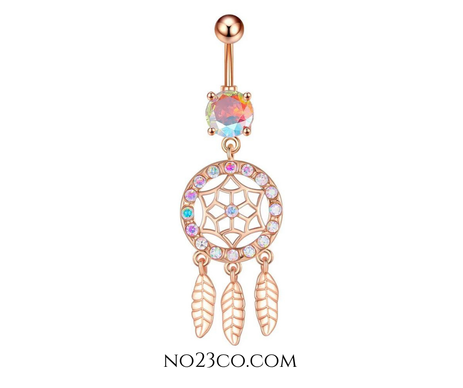 14G Golden Rose Dreamcatcher Navel Dangle Ring Belly Button Piercing , Surgical Steel 316L - No23Co