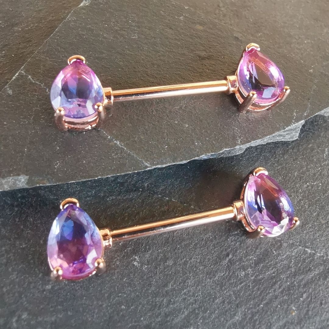 14G Nipple Bars Piercing - Teardrop Purple Ombre Gold Rose Surgical Steel 316L