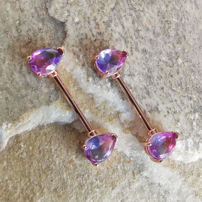 14G Nipple Bars Piercing - Teardrop Purple Ombre Gold Rose Surgical Steel 316L