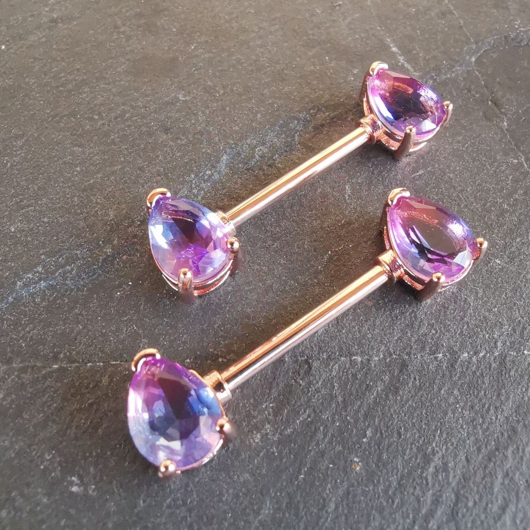 14G Nipple Bars Piercing - Teardrop Purple Ombre Gold Rose Surgical Steel 316L