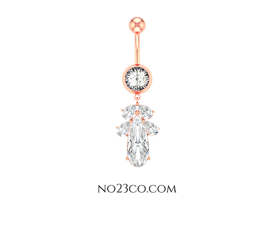 14G Rose Gold Diamond Dangle Navel Ring - Surgical Steel 316L Belly Button Piercing - No23Co