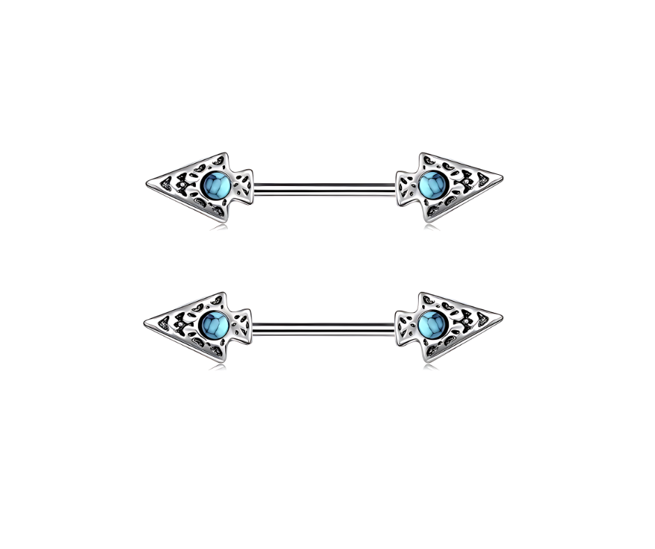 14G Surgical Steel 316L Arrow Nipple Bars Piercing with Turquoise CZ Accents - No23Co