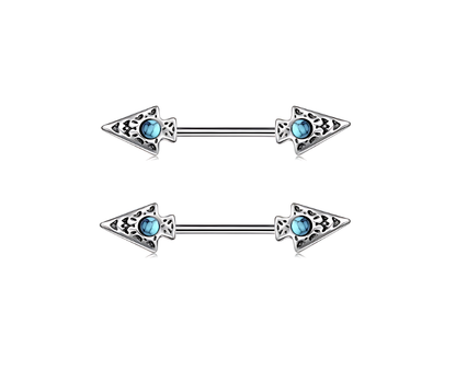 14G Surgical Steel 316L Arrow Nipple Bars Piercing with Turquoise CZ Accents - No23Co