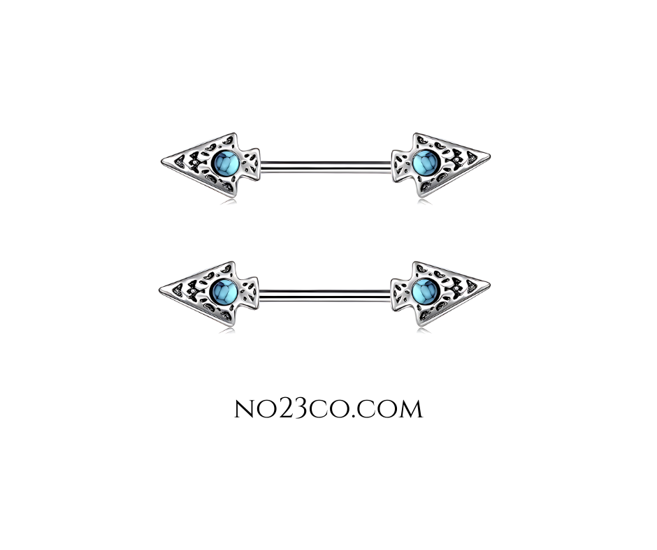 14G Surgical Steel 316L Arrow Nipple Bars Piercing with Turquoise CZ Accents - No23Co