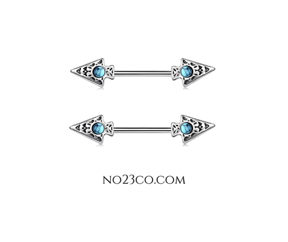 14G Surgical Steel 316L Arrow Nipple Bars Piercing with Turquoise CZ Accents - No23Co